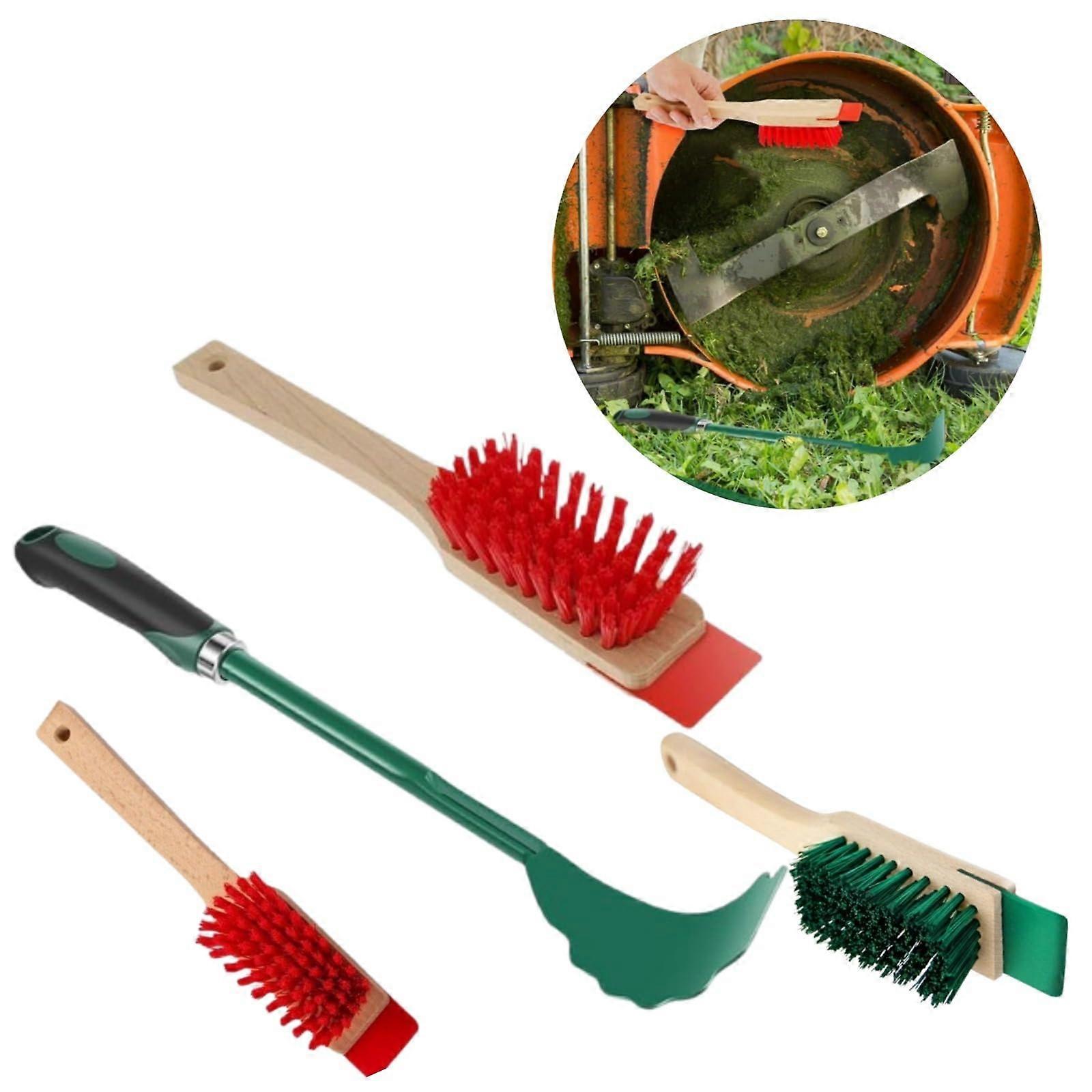 2pcs Lawn Mower Cleaning Tool Set with Long Handle Deck Scraper and Hard Bristle Brush