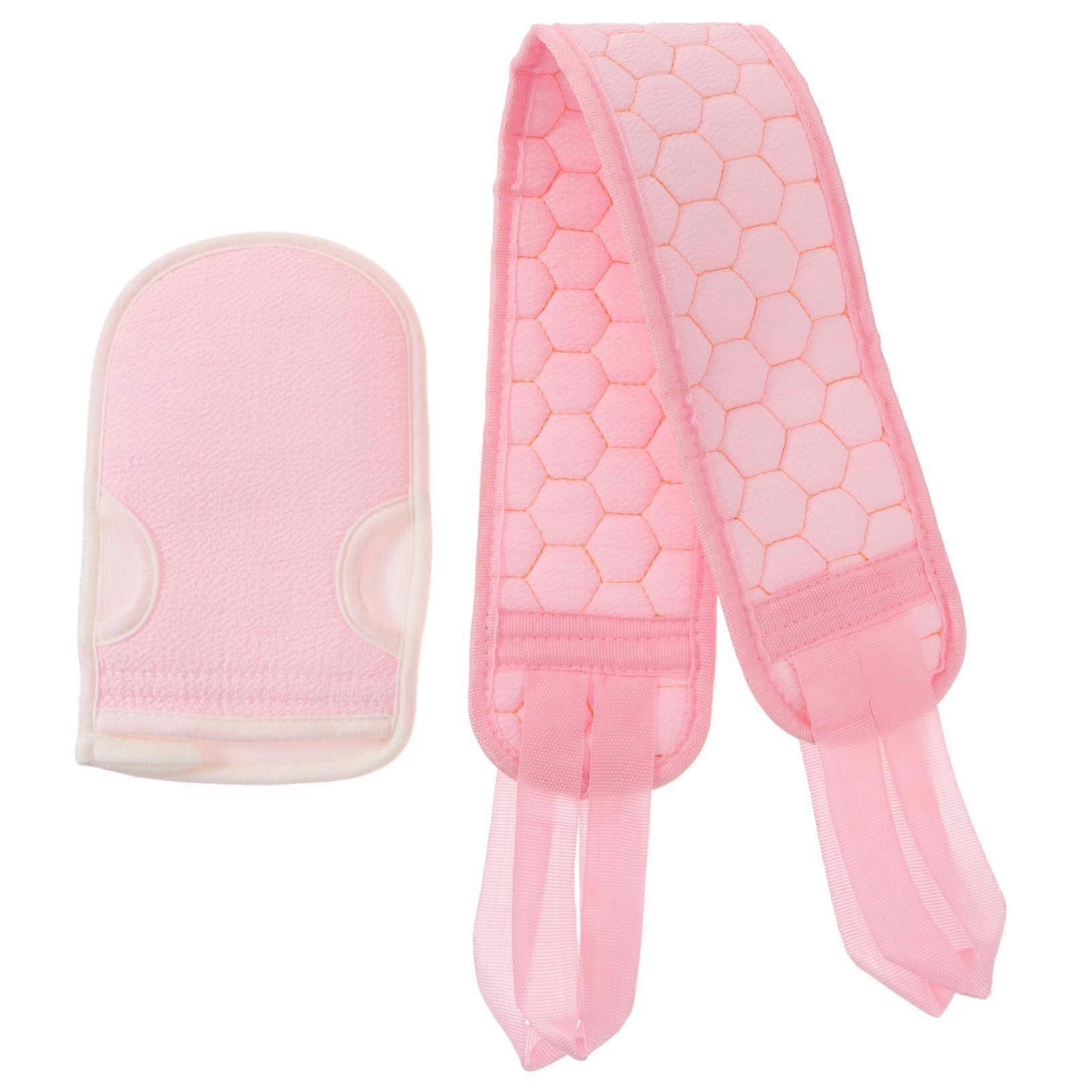 Exfoliating Back Scrubber Strap and Bath Gloves Set for Deep Cleansing Spa Relaxation Pink