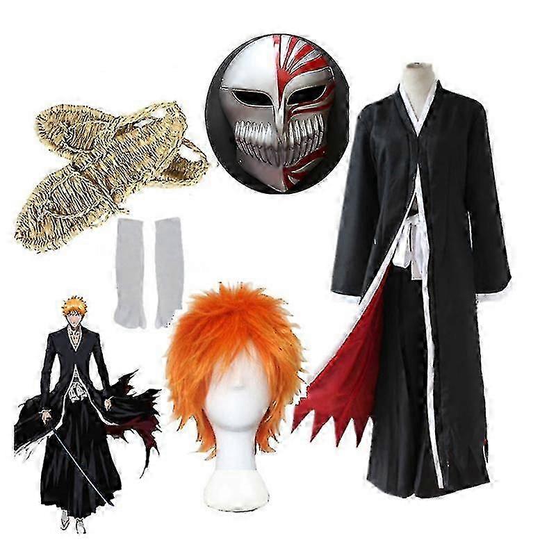 Costume de cosplay Bleach (Ichigo Kurosaki) : masque Hollow, perruque, cape noire, sandales de paille, chaussettes, haut et pantalon (taille 25-26).