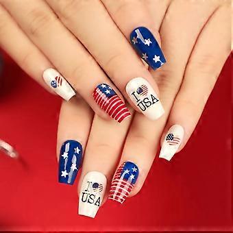 Fourth of July Press On Nails Coffin Short American Flag Design Reusable Acrylic Patriotic Set 24Pcs
