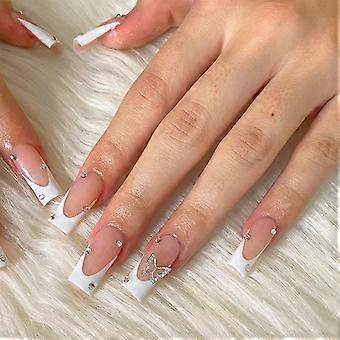 French Tip Press on Nails Coffin Shape with Butterfly Rhinestones, 24pcs SalonStyle Full Cover
