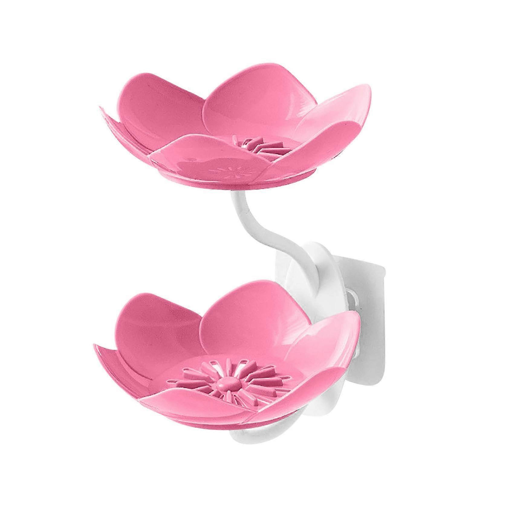 Wall Mounted Soap Holder Flower Shaped Double Layer Drainable Bathroom Soap Dish with Suction Cup Pink