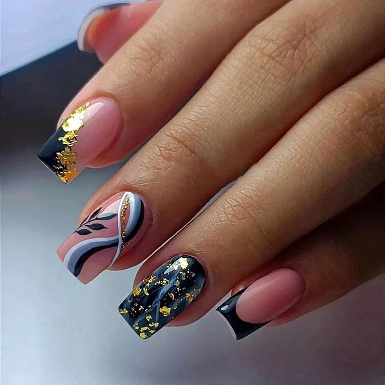Short Black Square Press on Nails with French Tip Leaf Pattern Gold Glitter 24pcs Reusable Kit