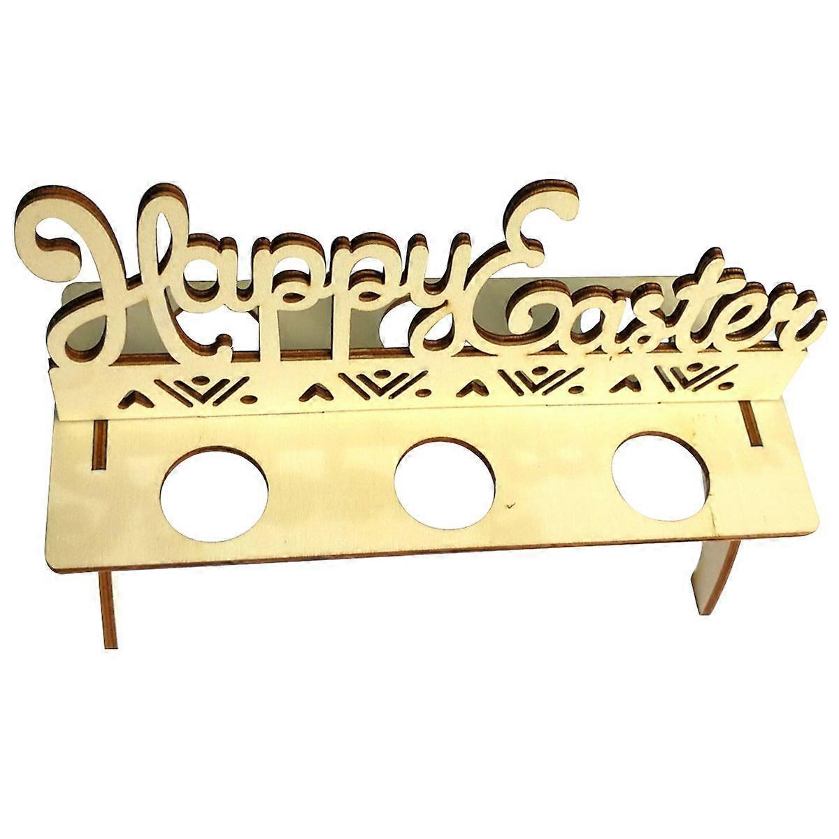 Wood Easter Decorations Creative Carving Happy Easter Pattern Easter Egg Shelf Egg Rack Stand Holder (Style A)