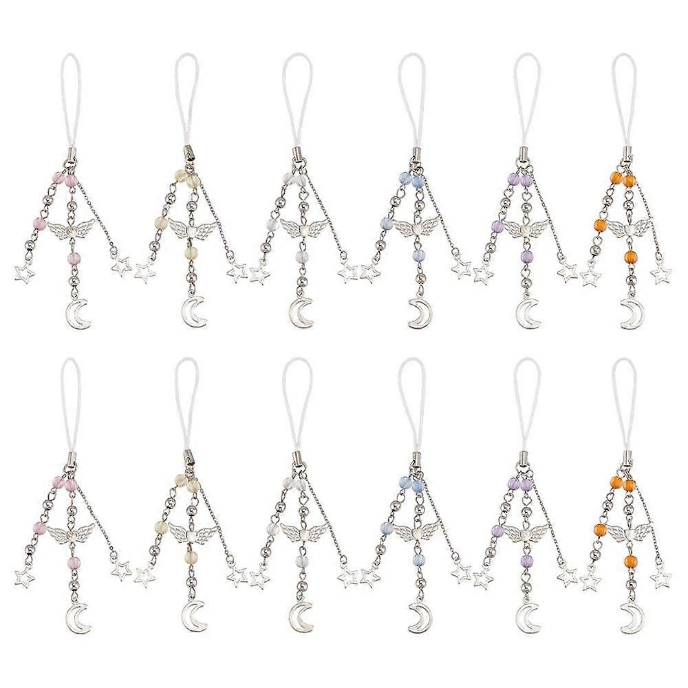 Alloy Acrylic Mobile Straps Star Moon Mixed color 13.4cm 12pcs/set