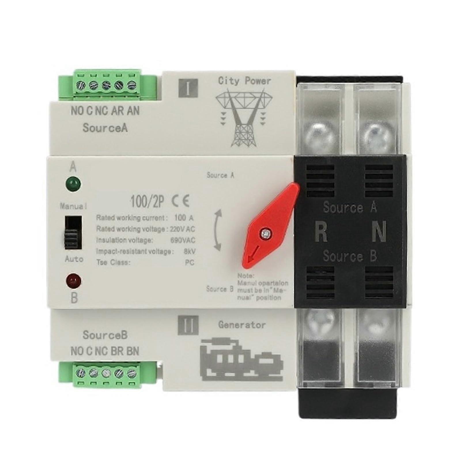 Automatic Transfer Switch 2P 63A Dual Power Switching DIN Rail Mount 80A 100A