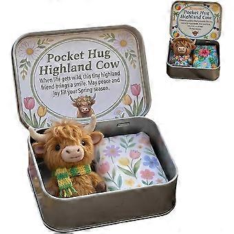 Pocket Hug Highland Cow Cadeauset: Een kleine knuffel die je overal mee naartoe kunt nemen, handgemaakte mini Highland Cow als emotionele steun met berichtkaartje, cadeau voor een vriend(in).