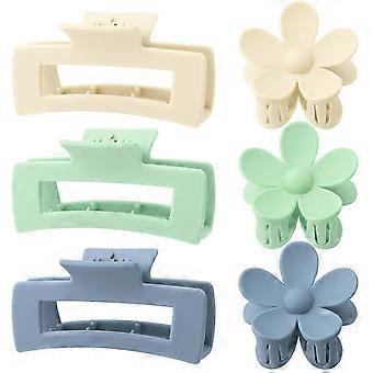 2 sets, 12 pieces in 6 colors 4.1 Inche Large Rectangle Hair Claw Clips Matte Flower Hair Clips, for Women Thin Thick Curly Hair