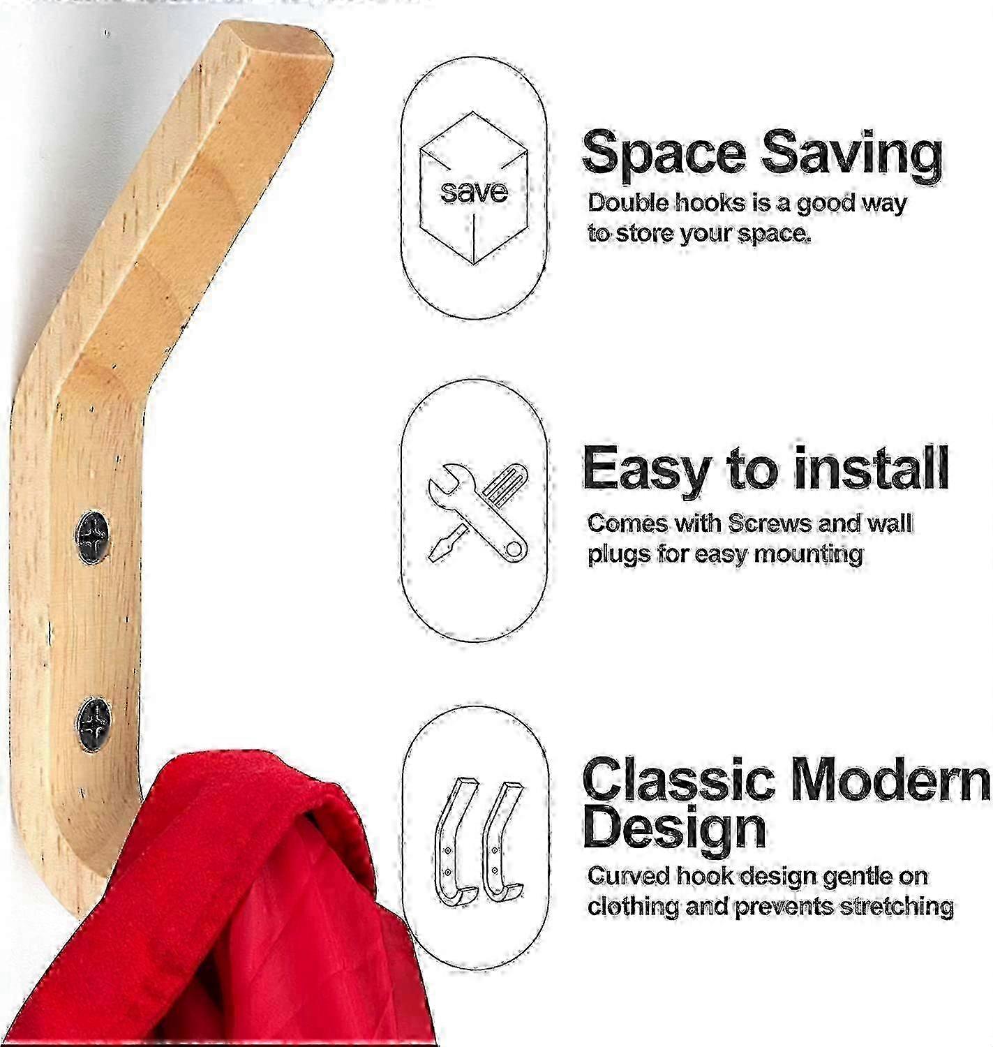 6 Pack Wooden Wall Hooks, Modern Coat Hooks