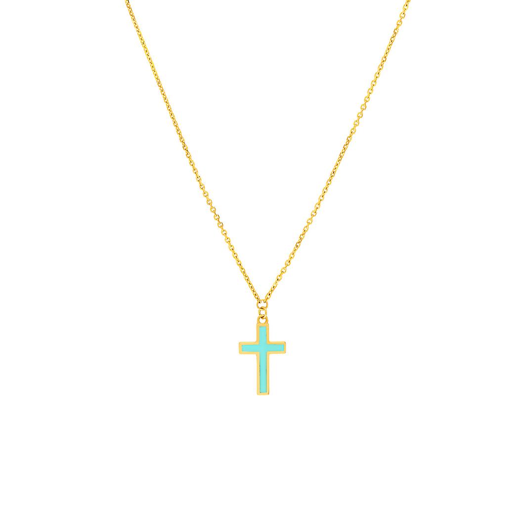Colar ajustável com pingente de cruz azul-clara em ouro amarelo 14k, 45 cm (18 polegadas), para mulheres.