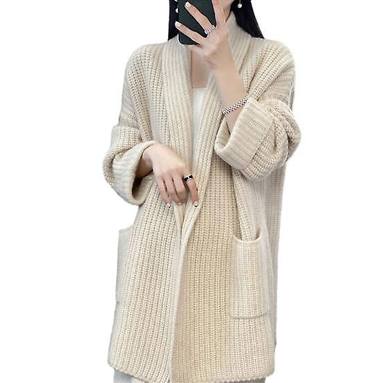 Women Fall Winter Cardigan Sweater Open Stitch Knitted Pockets Lapel Loose Thick Warm Soft Elastic Long Sleeve Plus Size Mid Length Lady Coat Jacket