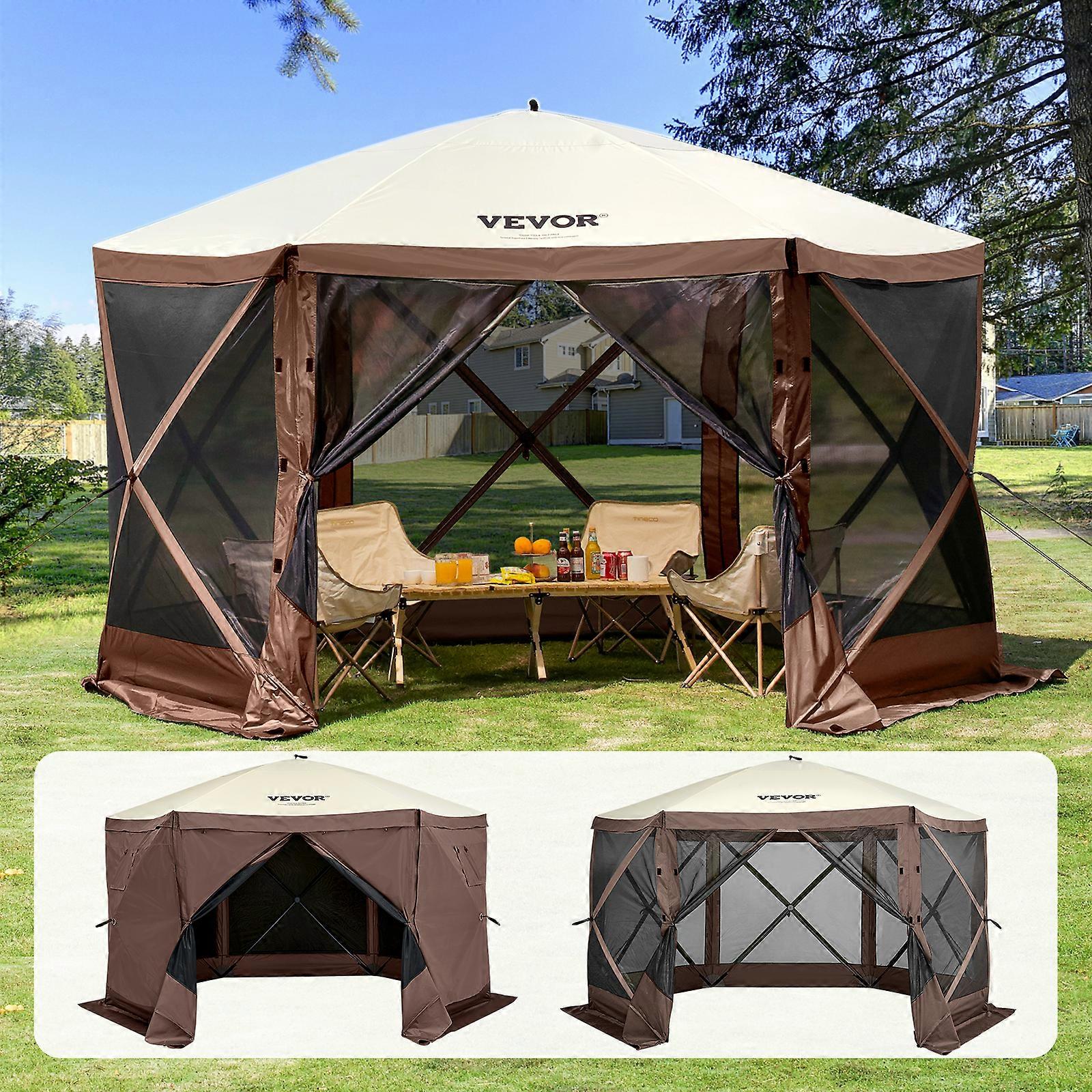 Pop Up Gazebo Tent, Pop-Up Screen Tent 6 Sided Canopy Sun Shelter with 6 Removable Privacy Wind Cloths & Mesh Windows, 11.5x11.5FT,Brown