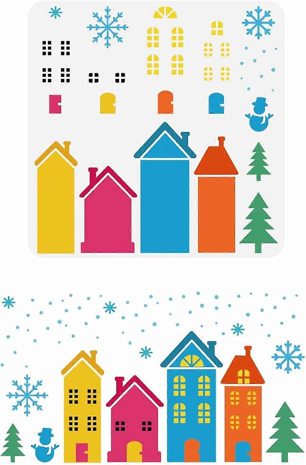 Layered House Painting Stencil 11.8x11.8inch Reusable Winter House Stencil Snowflake Snowman Pattern Stencil Christmas Tree Stencil Plastic Stencil fo