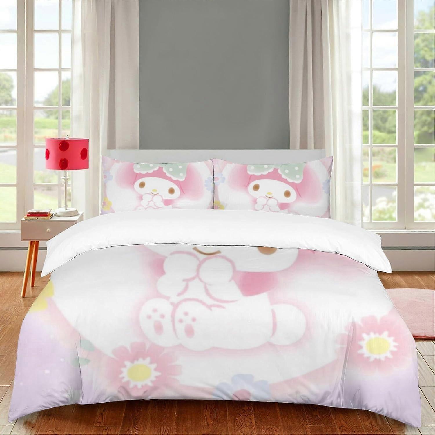 i236 DIEZ Pink My Bunny Melody Conjunto de capa de edredom impresso em 3D com 2 fronha para crianças e meninas Microfibra macia Conjunto de cama de 3 peças- Hello Cat Kitty,