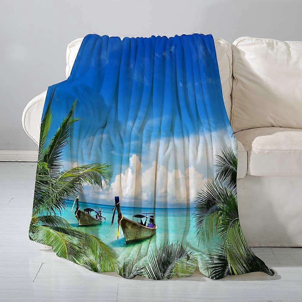 flannel Blanket Sofa Throwexotic Hawaiian beach with palm trees and fishing boats Paradise picture, blue- Versatile Blanket Fluffy Soft Throw for Bed 