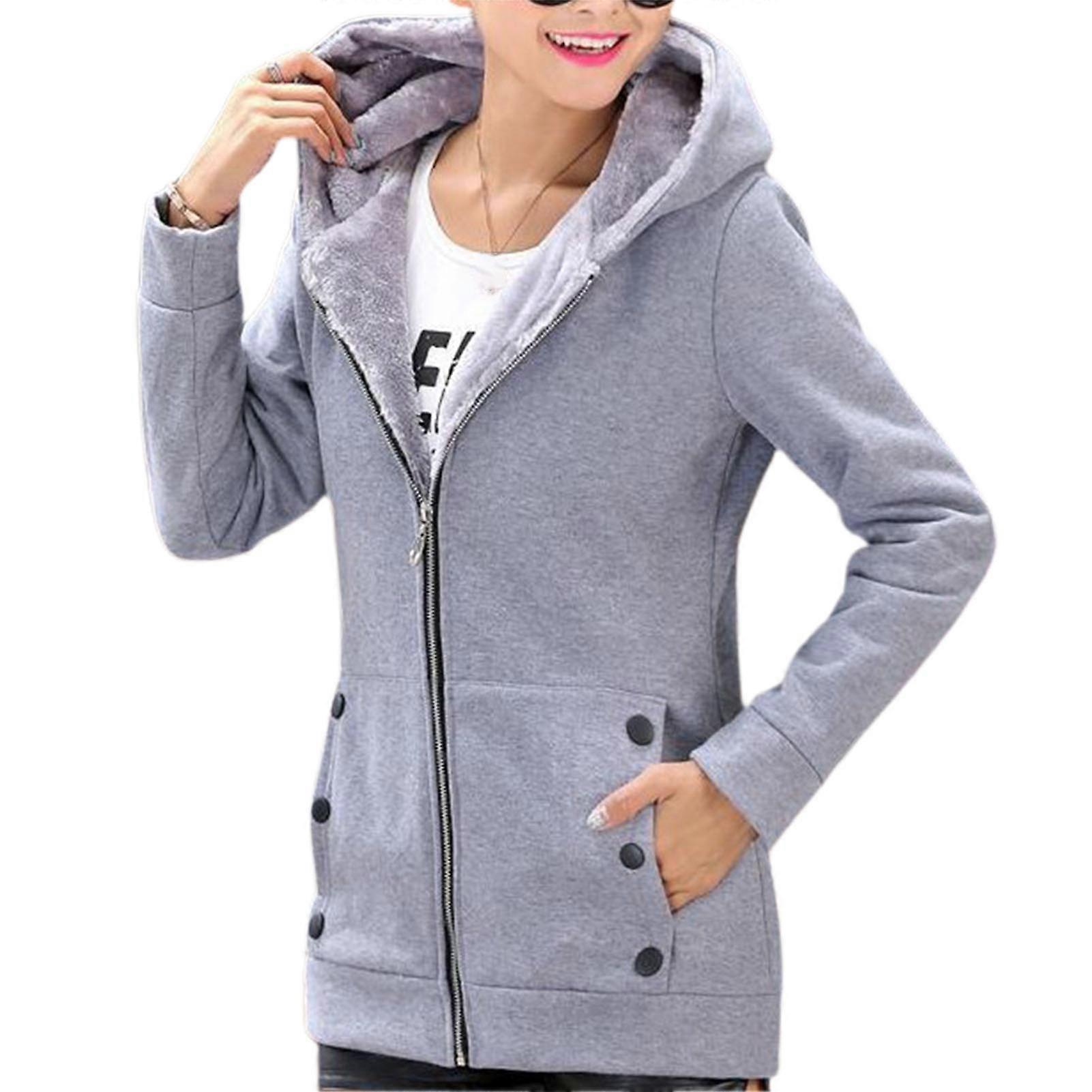 Kadın Kışlık Sweatshirt Kalın Polar Astarlı Kapüşonlu Ceket Cep Fermuarlı