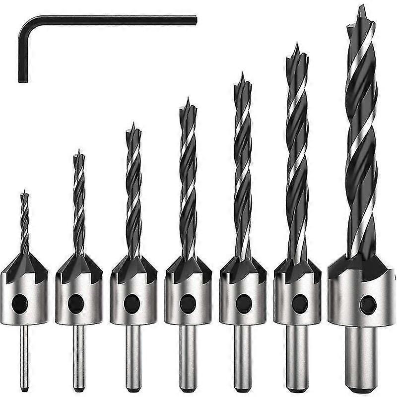 7 Piece HSS 5 Flute Countersink Drill Bit Set Chamfer Wood Screw Bit for Various Length Screws by Simple Loosen and Tighten the Screw, 3-6mm Set Tool