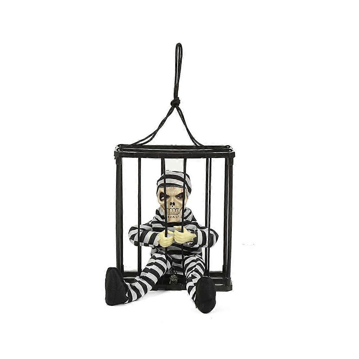 Animated Halloween Decorations, Halloween Decor Prop with Motion Sensor, Scary Skull Cage Prisoner