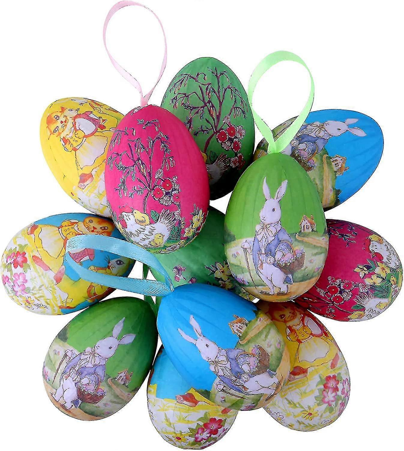 12pcs Easter Eggs, Vintage Paper Mache Egg Hanging Ornaments, Easter Tree Decorations With Ribbon, Easter Crafts For Kids Diy