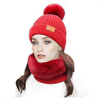 Fashion Women Winter Knit Hat Ball Collar Set Thick Warm Solid Earmuff Hat