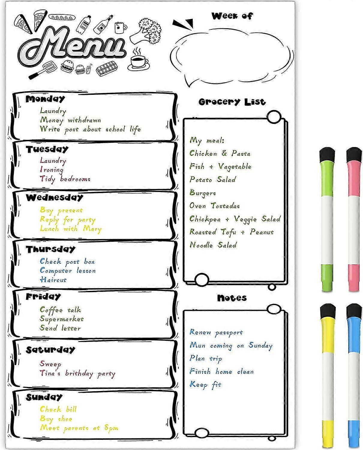 Magnetic Menu Board 11" X 16" Dry Erase Calendar Set With 4 Markers, Fridge Calendar Board With Weekly Meal Planner,white
