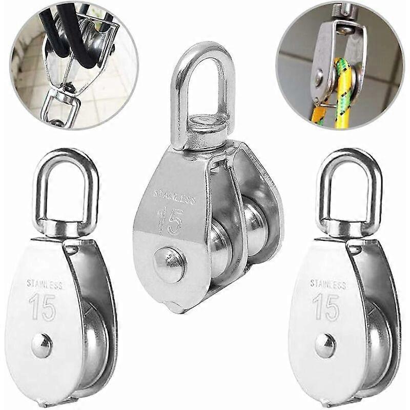 3PCS Poulie Double inox pivotant Double poulie,Poulie de Levage Rouleau de Chargement,Poulie en Acier Inox,Poulie Simple Bloc,Poulie Simple en Acier I