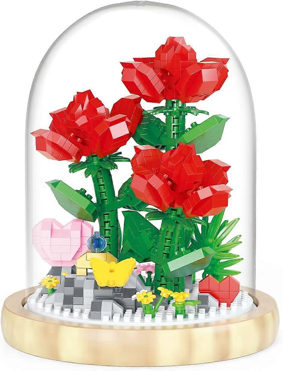 迷你砖砌套装，带玫瑰花束植物收藏，适合成人朋友游戏 DIY 植物盆景树玫瑰