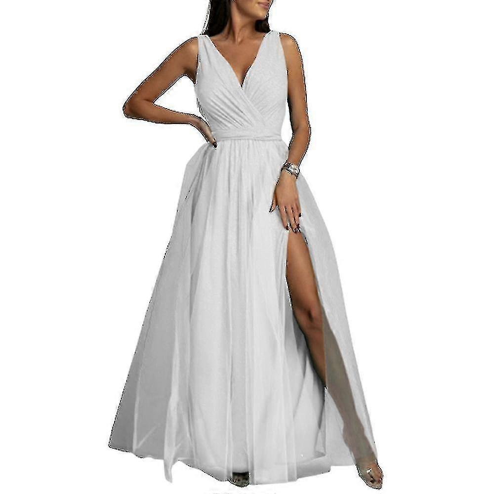 Kadın V Yaka Nedime Düğün Maxi Elbise Bayan Balo Balo Elbise Abiye Kokteyl Partisi Bölünmüş Uzun Elbiseler Yüksek Kalite