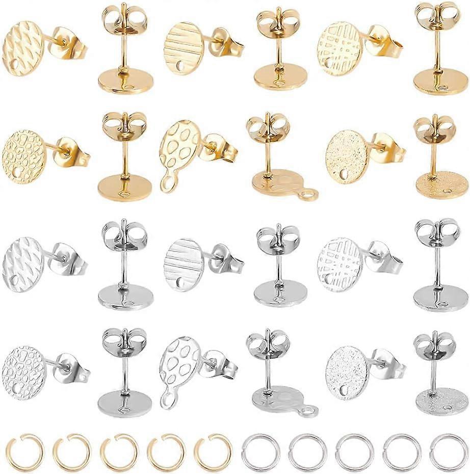 24 Pcs 2 Colors 6 Styles Stainless Steel Flat Round Stud Earring Findings with Jump Rings Textured Stud Earring Post with Earring Backs Round Earring