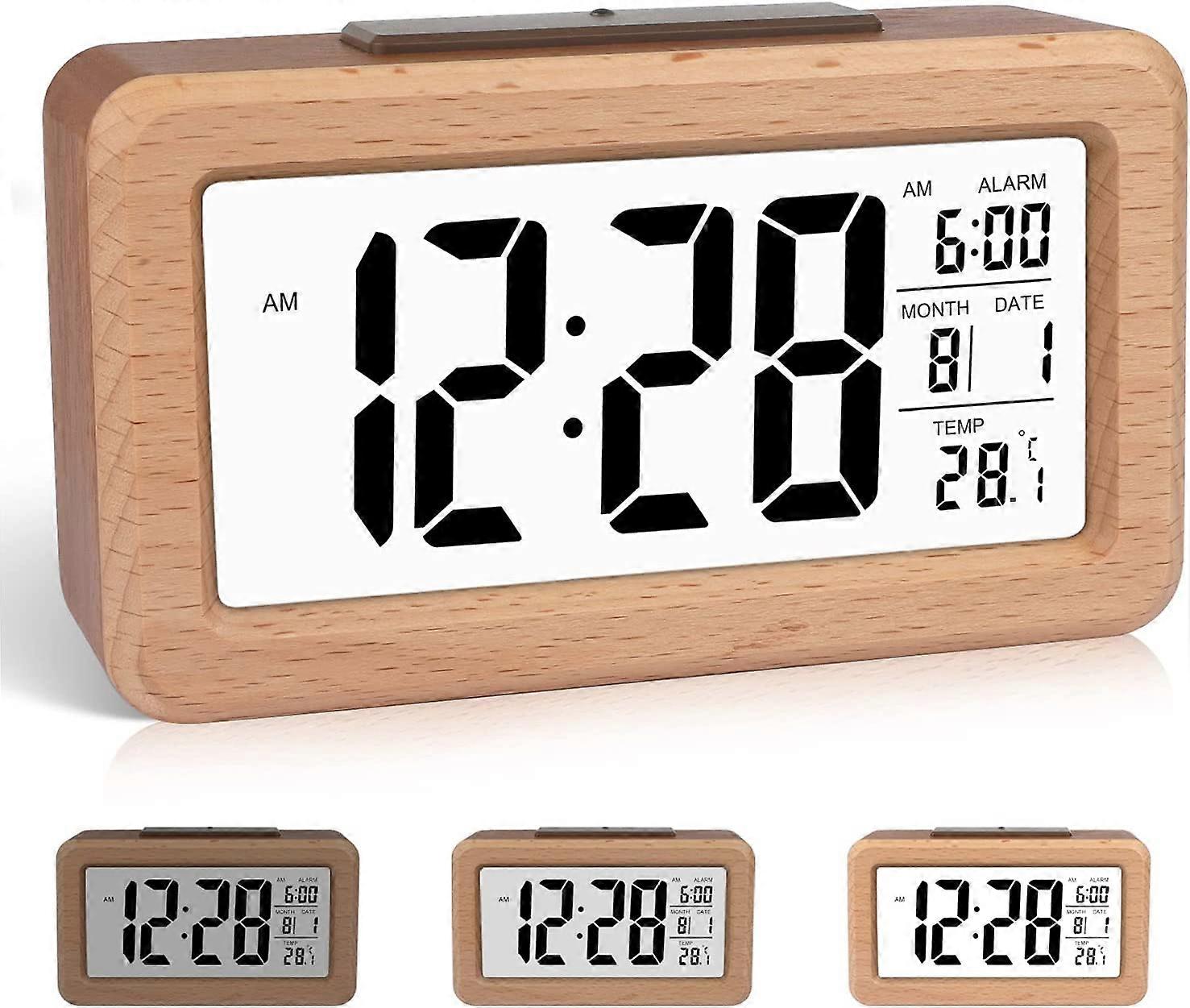 Easy Set Wooden Digital Alarm Clock With Temperature, Date, Backlight, Snooze, For Bedroom, Bedside, Home, Office, Non TickingNEW9