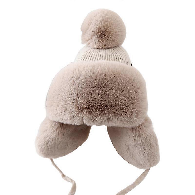 Earflap Hat Plush Lining Solid Color Ear Cap Pompom Conical Top Winter Windproof No Brim Knitting Bomber Trapper Cap for Outdoor