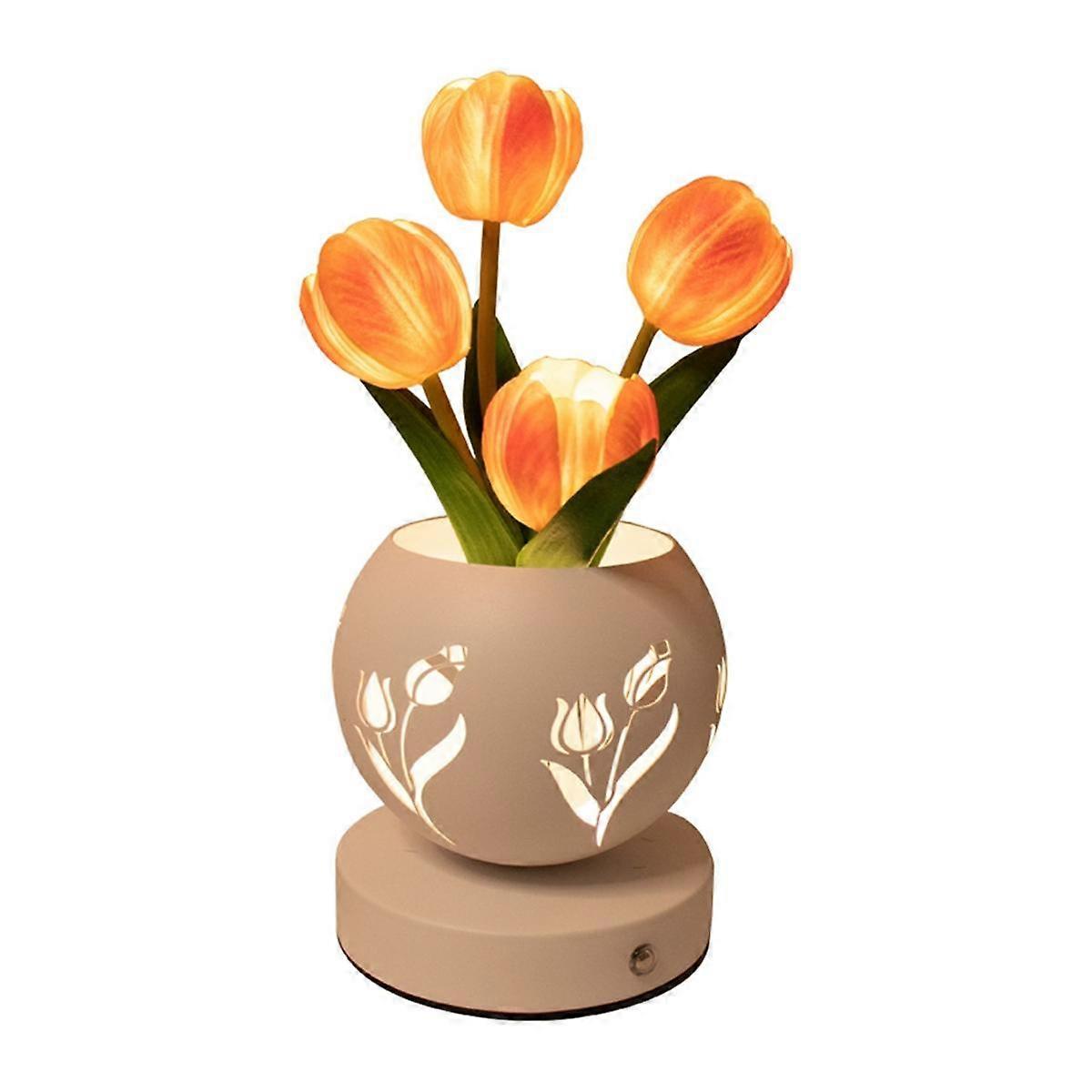 Tulip Night Light Artificial Flower Desk Lamp with Cut-Out Vase USB Charging 3 Color Stepless Dimming Up Cute Table Lamp