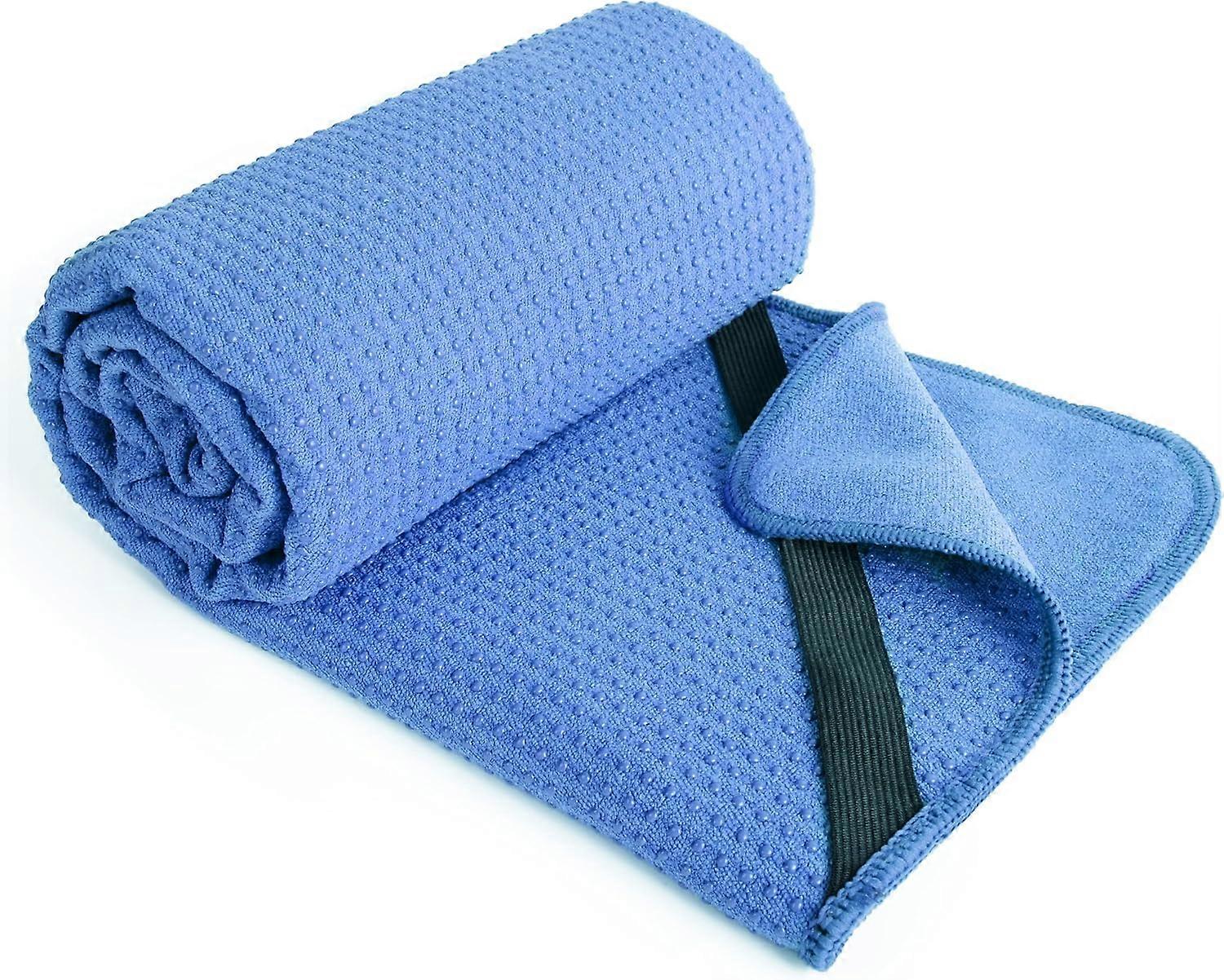Microfibre Hot Yoga Towel Mat with Non-Slip Silicone Grip and Secure Fit Elastic Straps, 61 x 183 cm (Blue)