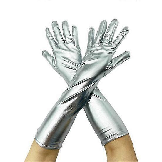 1 Pair Women Gloves Smooth Faux Leather Solid Color Full Fingers Elastic Elbow Length Night Club Cosplay Performance Pole Dancing Prop