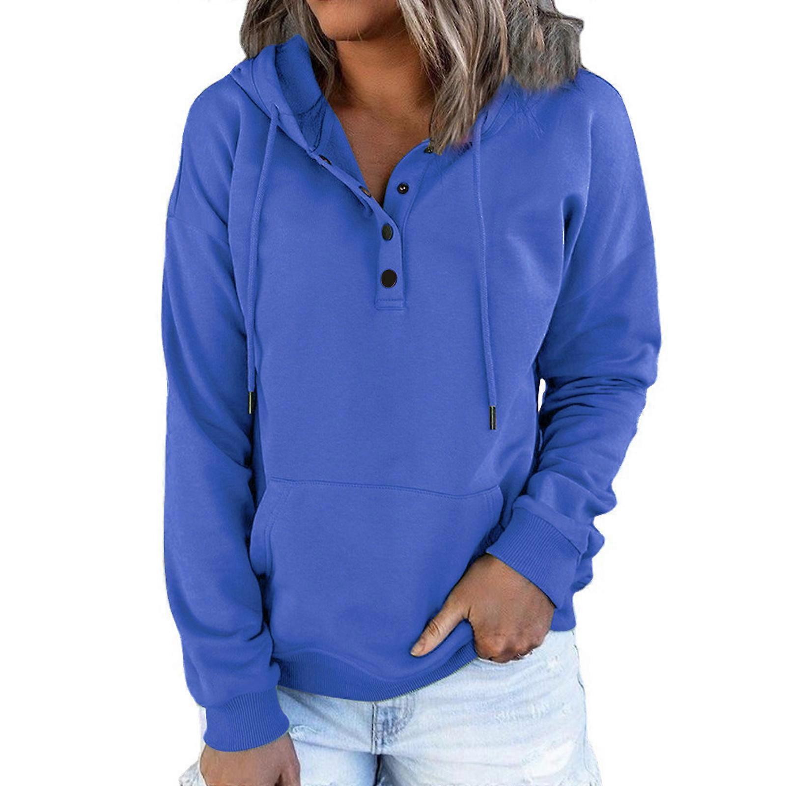 Womens Fall Solid Color Hoodies Top Long Sleeve Casual Drawstring Button Down Loose Fit Pullover Sweatshirt with Pocket Taro XL
