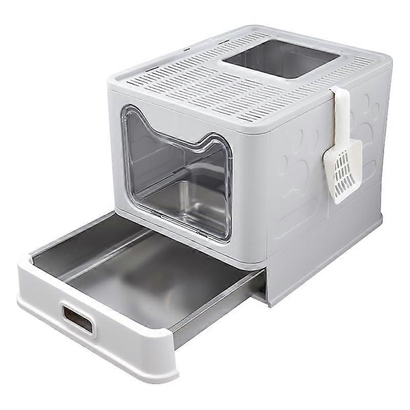 Foldable Enclosed Stainless Steel Cat Litter Box with Lid, High Wall Sides, Easy Clean Non-Sticky Anti-Leakage Design, Gray