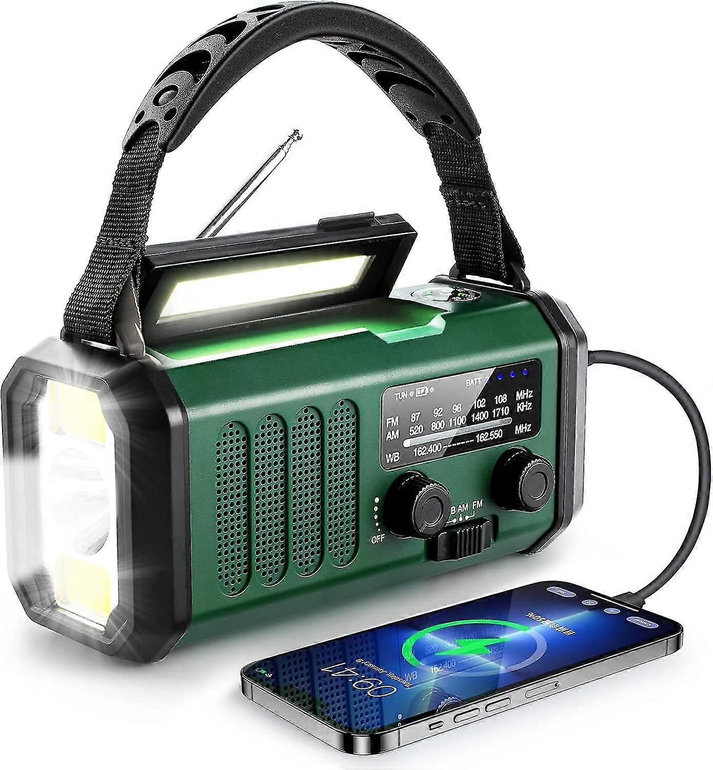 10000mah aurinko- ja kampihätäradio, jossa NOAA/AM/FM, USB Type-C -lataus, polymeeriakku, taskulamppu ja LED-lukema