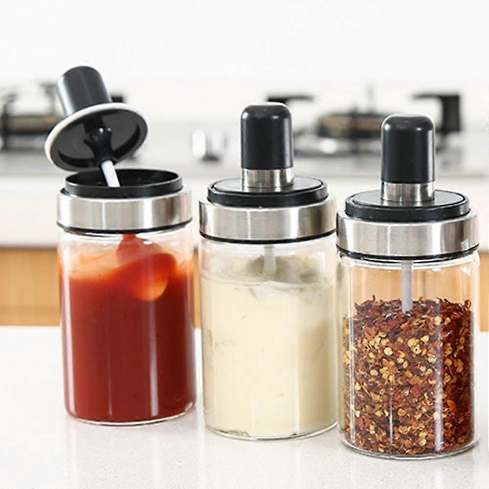 3PCS High Borosilicate Glass Spice Jars Seasonning Box Jar Condiment Jar, Combination Spoon and Lid Design, Airtight Cap