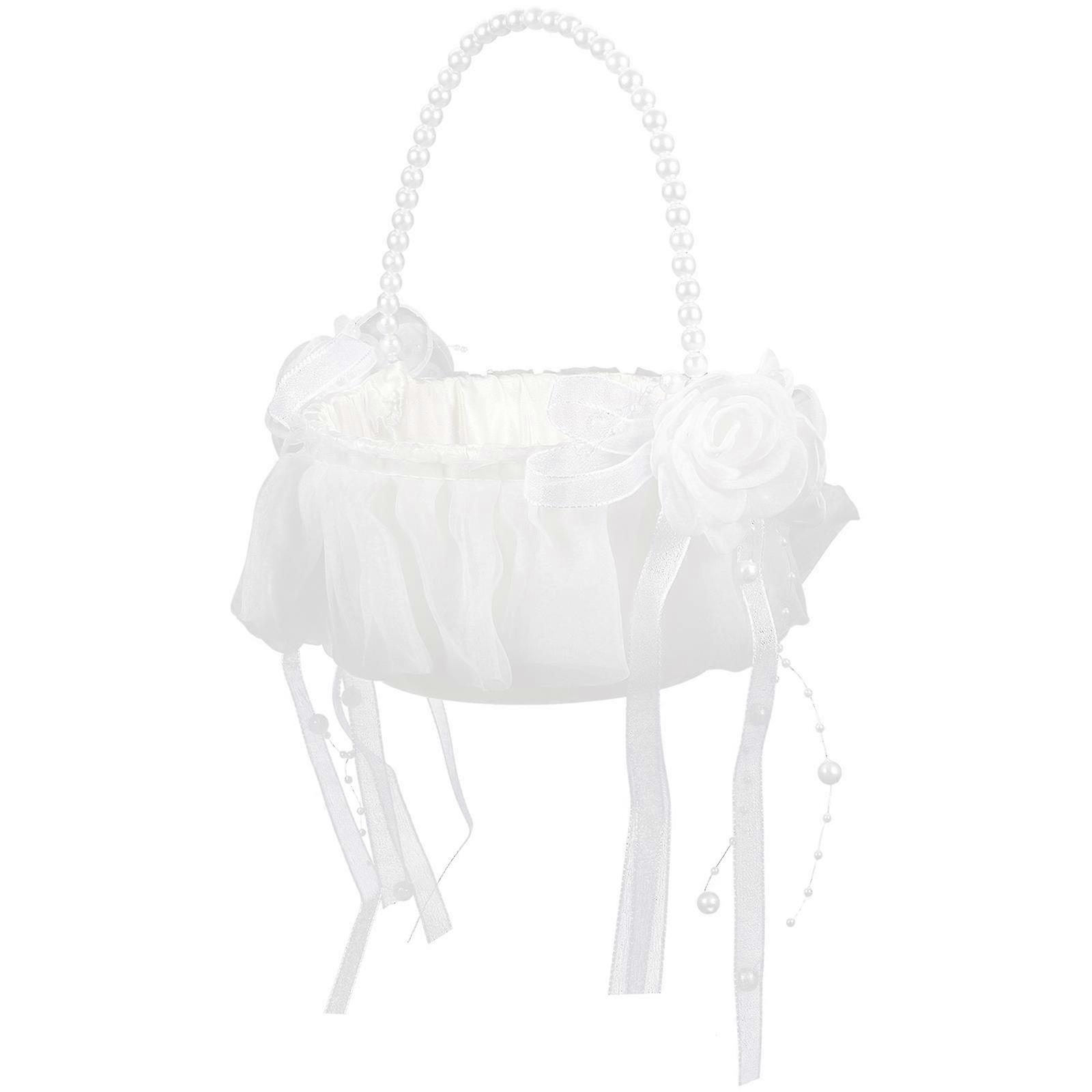 Elegante Cesta de flores de boda con perlas - 19.5x15x15cm