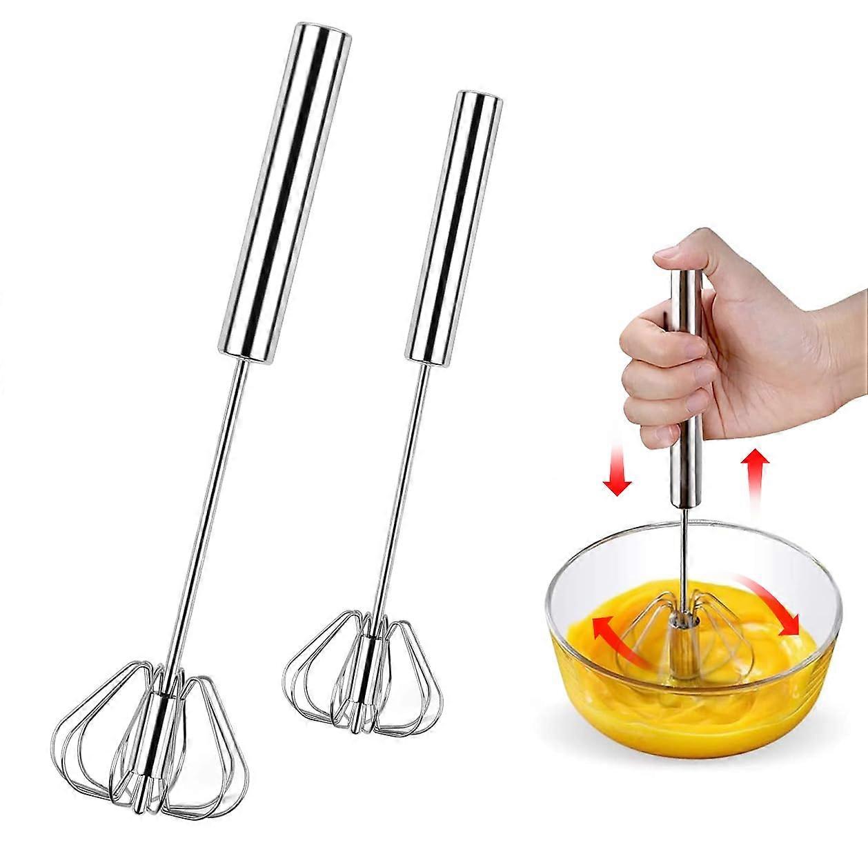SemiAutomatic Whisk, 2 Pieces, Stainless Steel, Rotating Push Mixer for Kitchen (27 cm, 34 cm)