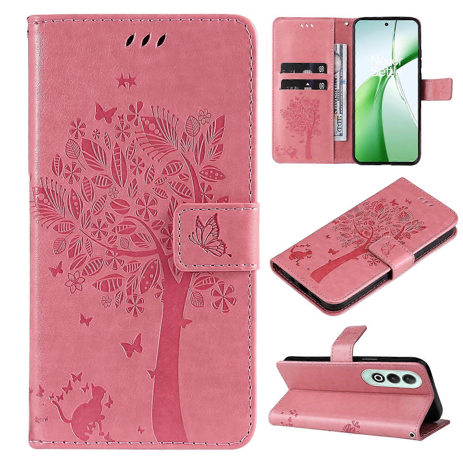 Étui à rabat en cuir avec motif arbre et chat en relief