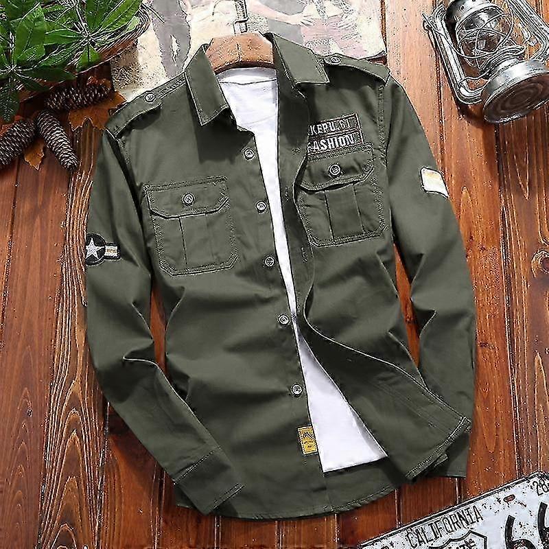 Military Shirt Men 100% Cotton Long Sleeve Army Green Vintage Shirt Jacket for Men Slim Fit Spring Autumn