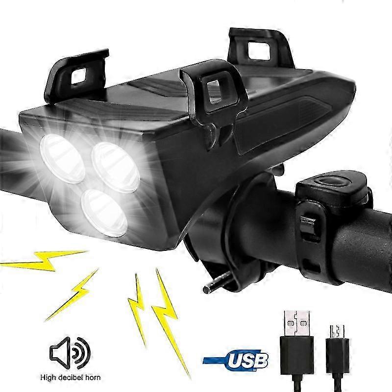 Waterproof 3 LED USB Bicycle Headlight with 4000 mAh Built-in Battery, Phone Holder, and 5 Modes Speaker
