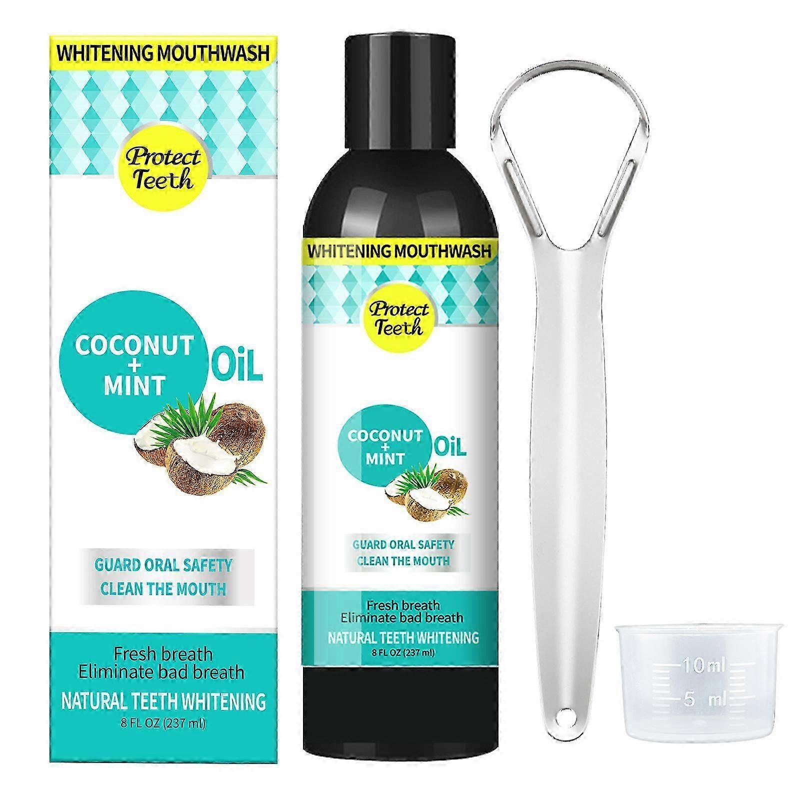 Coconut Pulling Oil 237ml- Mint Oil Pulling Mouthwash with Tongue Scraper, Natural Coconut Oil Pulling for Fresh Breath, White Teeth & Healthy Gum