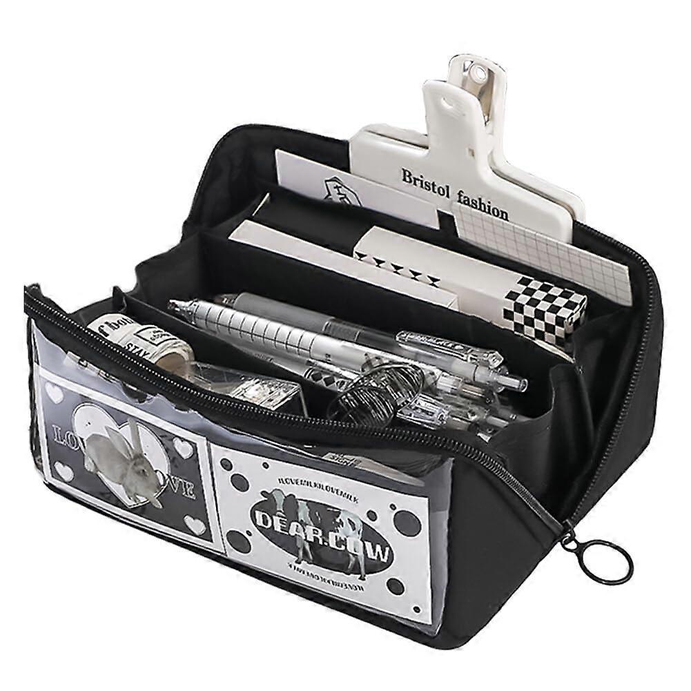 Pencil Case - Large Black Pencil Case with Compartments for Stationery, School Supplies, and Cosmetic Storage, M Size