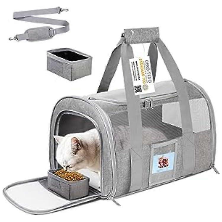 Portable pet carrier bag, travel cat carrier with food container, shoulder strap, gray