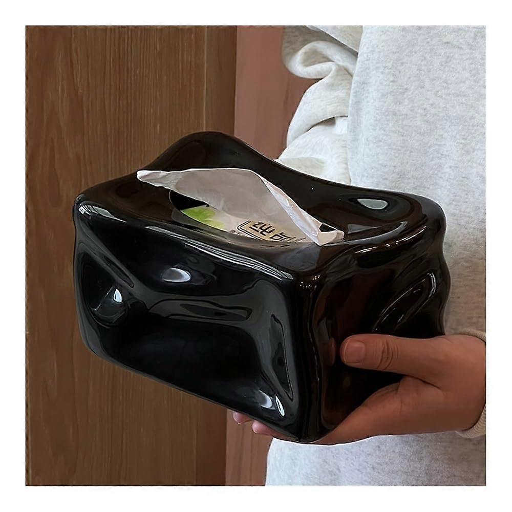 Ceramic square tissue box holder for nightstand, countertop, coffee table, dresser paper holder box (Black)