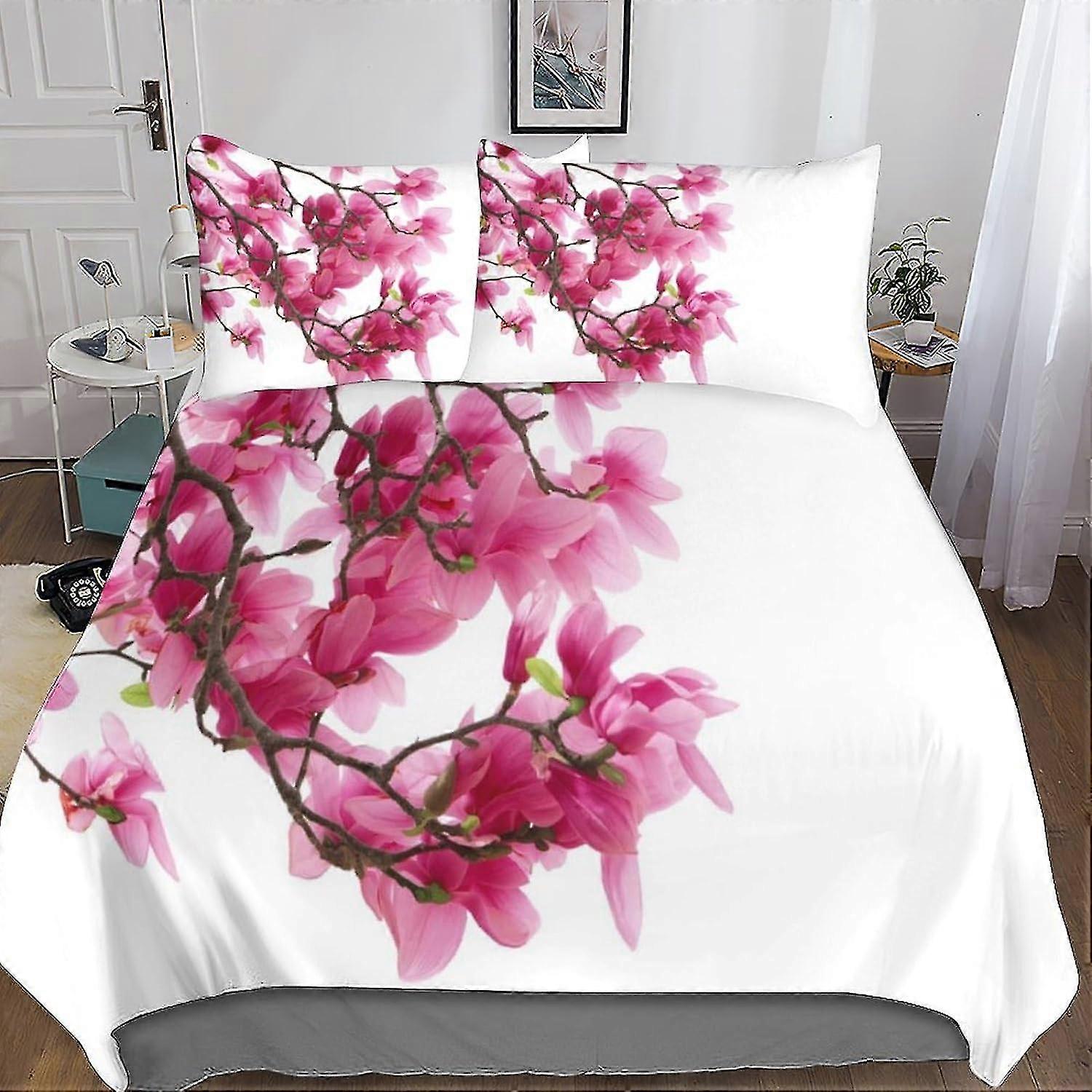 Conjunto de cama de flor de ameixa dos desenhos animados Capa de edredão Microfibra macia de 3 peças com fecho de correr para conjunto de capa de edredão de quarto