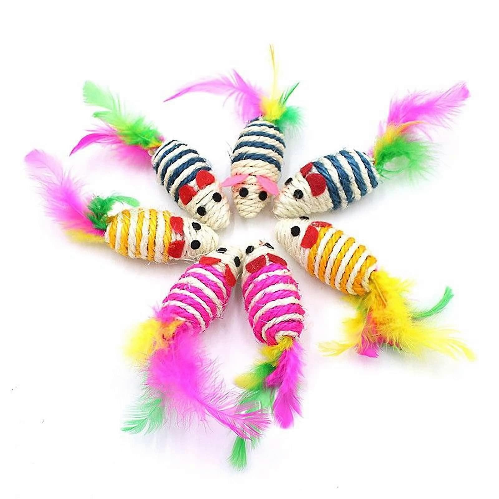 Cat Toy Pack of 10 Furry Interactive Mouse Toys with Feather Tails in Random Colors for Fun Playtime with Cats