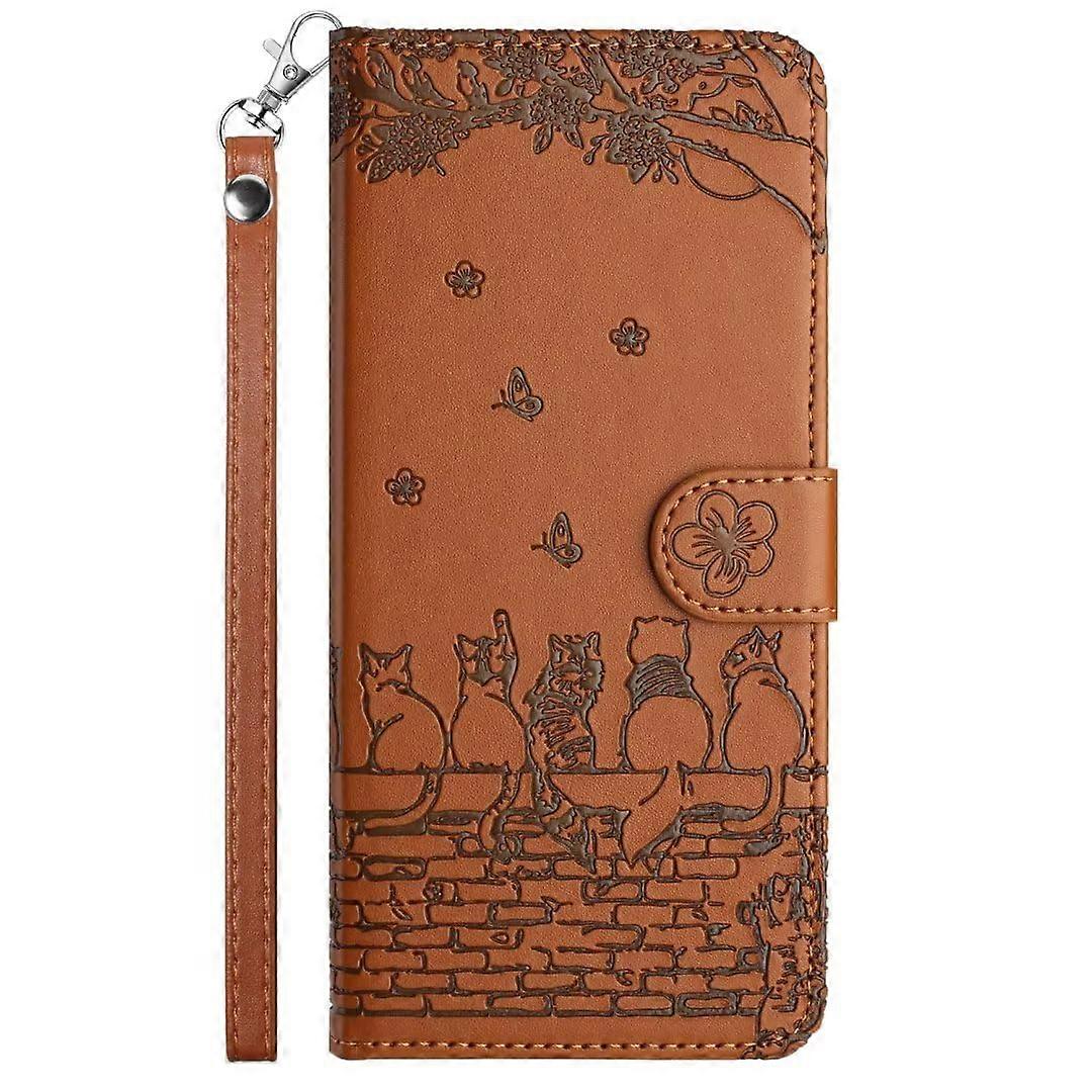 iPhone 13 Pro Max Leather Flip Case with Card Slot, Cat Pattern, Shockproof Wallet Cover, Brown
